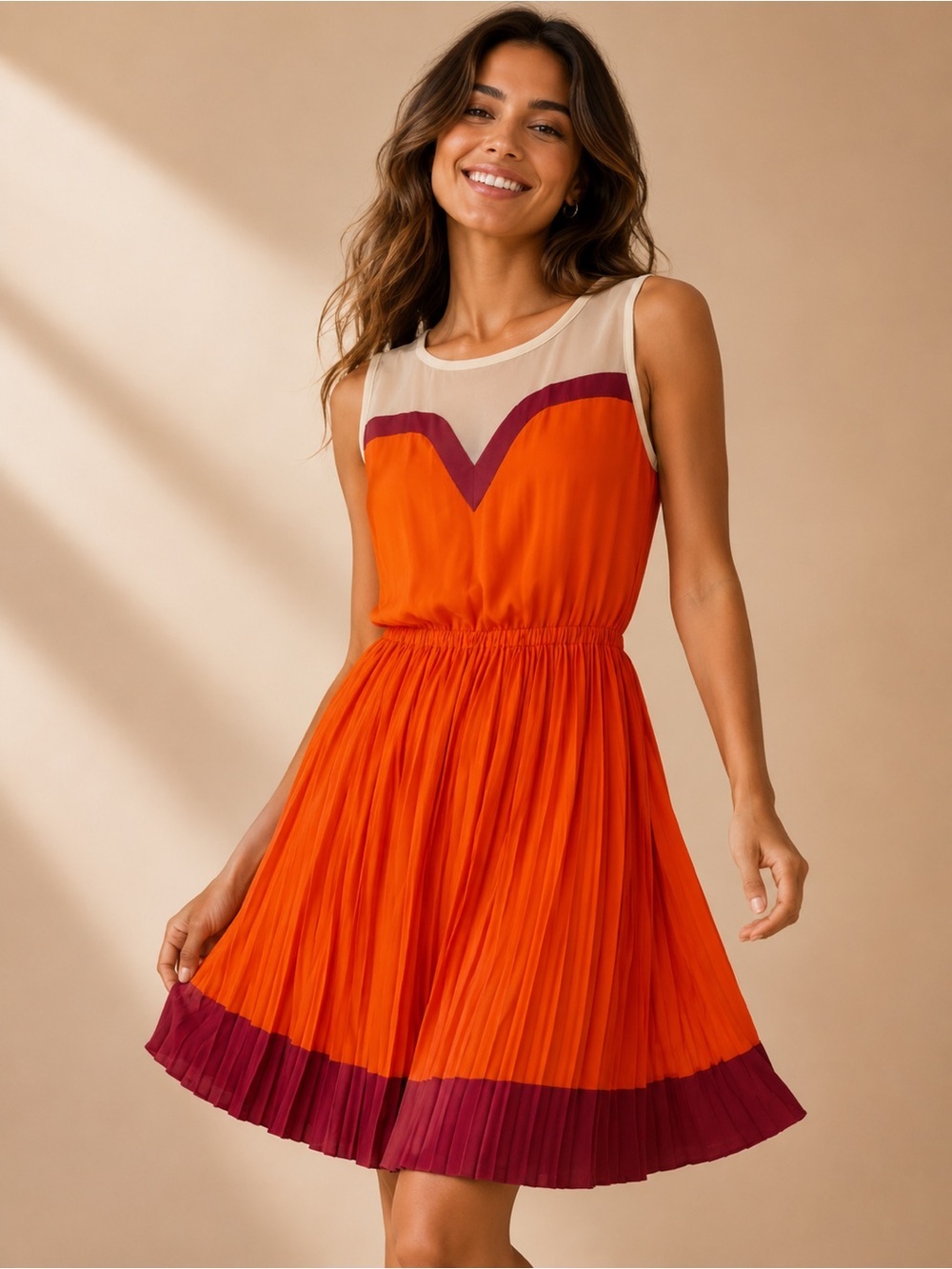 Joy Joy Orange Colorblock Pleated Sleeveless Dress XS